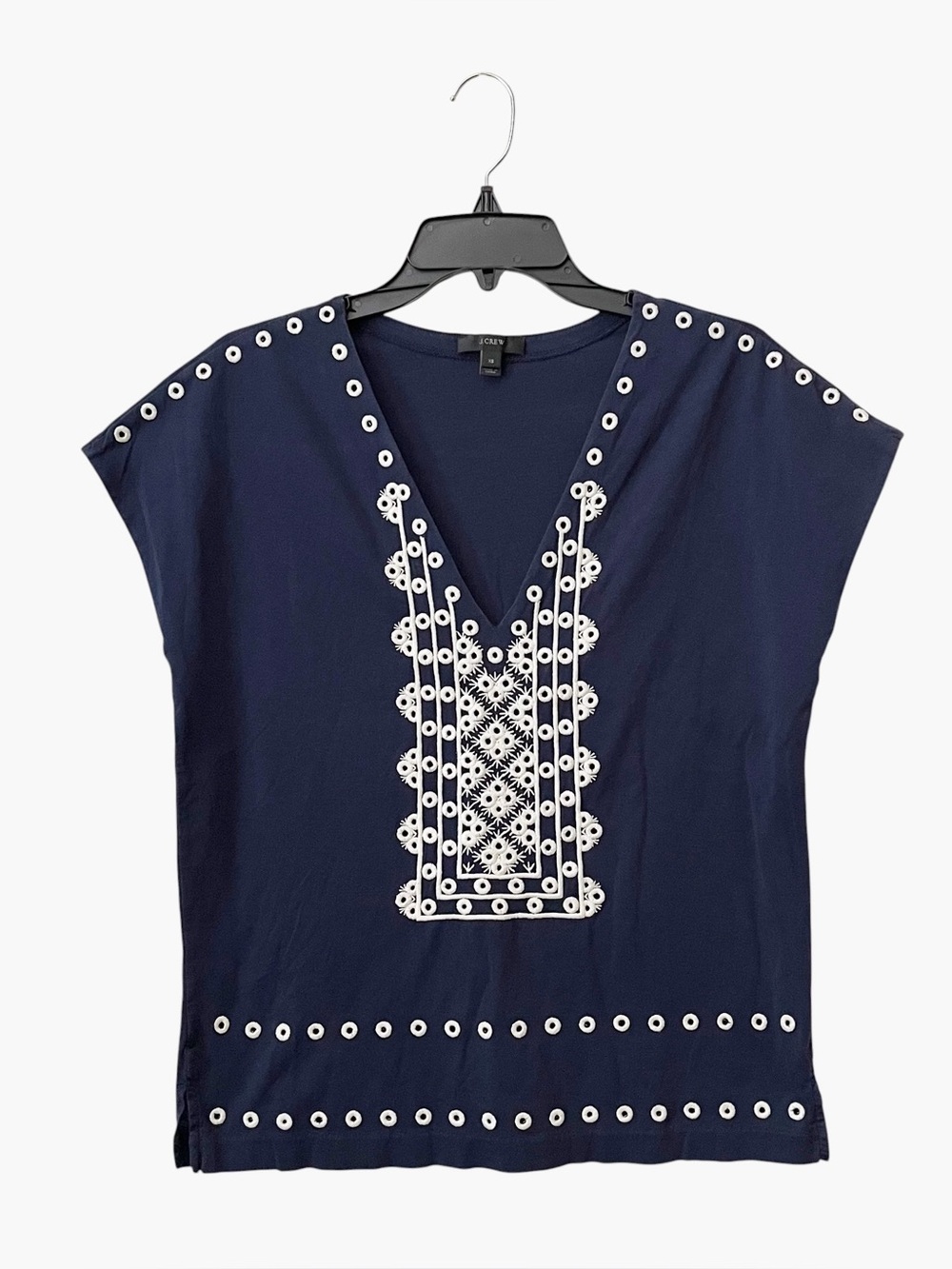 J Crew Embroidered Top Women's Size XS Navy White Geometric Dolman Short Sleeve